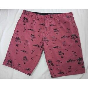 Beverly Hills Polo Club Mens Tropical Print Shorts Size 34 Red And Black Beach